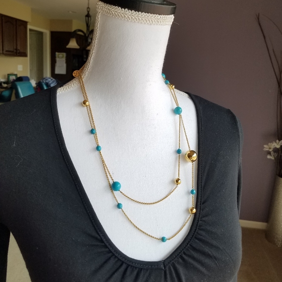 AUTHENTIC Oxette Gold & Turquoise Long Convertible Necklace from Greece NEW - Picture 3 of 9